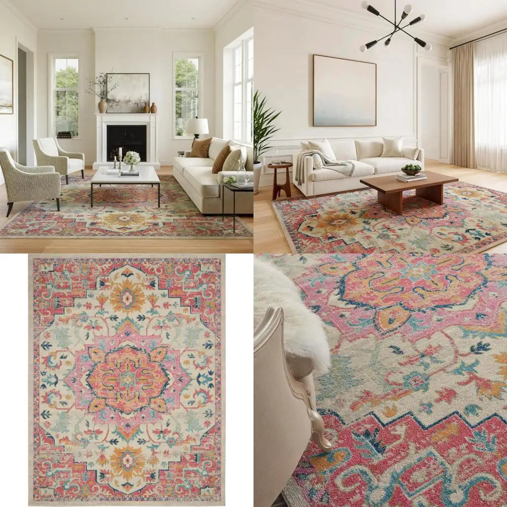 Bohemian Style Ivory and Pink Area Rug, 8' x 10', Easy Maintenance, Non-Shedding, Suitable for Bedroom, Living Room, Dining Room