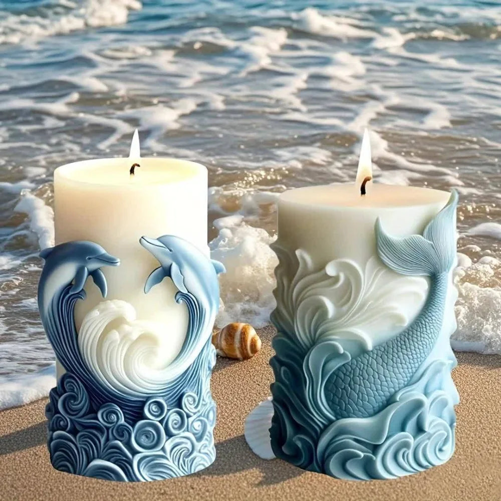 Ocean Theme Silicone Candle Mold Dolphin Column Resin Mold Fishtail Pillar Plaster Making Tool Relief Wave Design DIY Home Decor