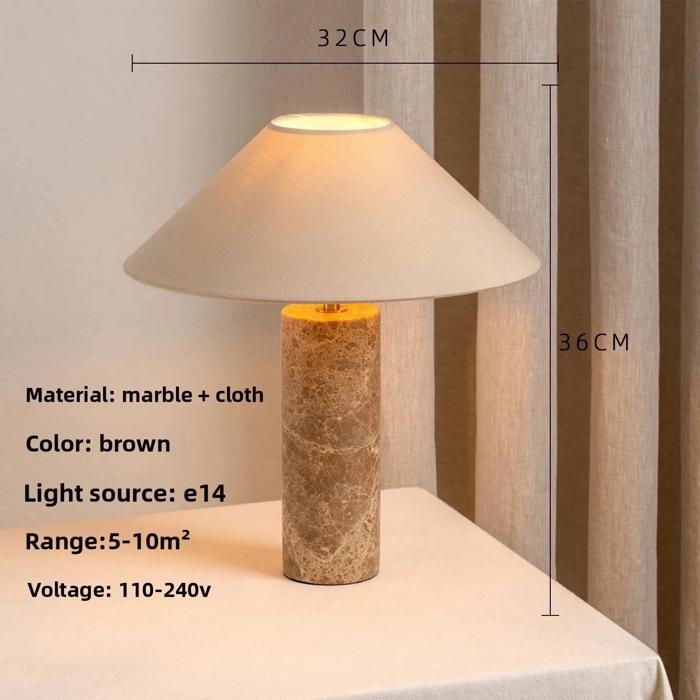 Nordic Cylindrical LED Table Lamp with Marble Base White Fabric Shade for Living Room Study Restaurant Bedroom Home Decor