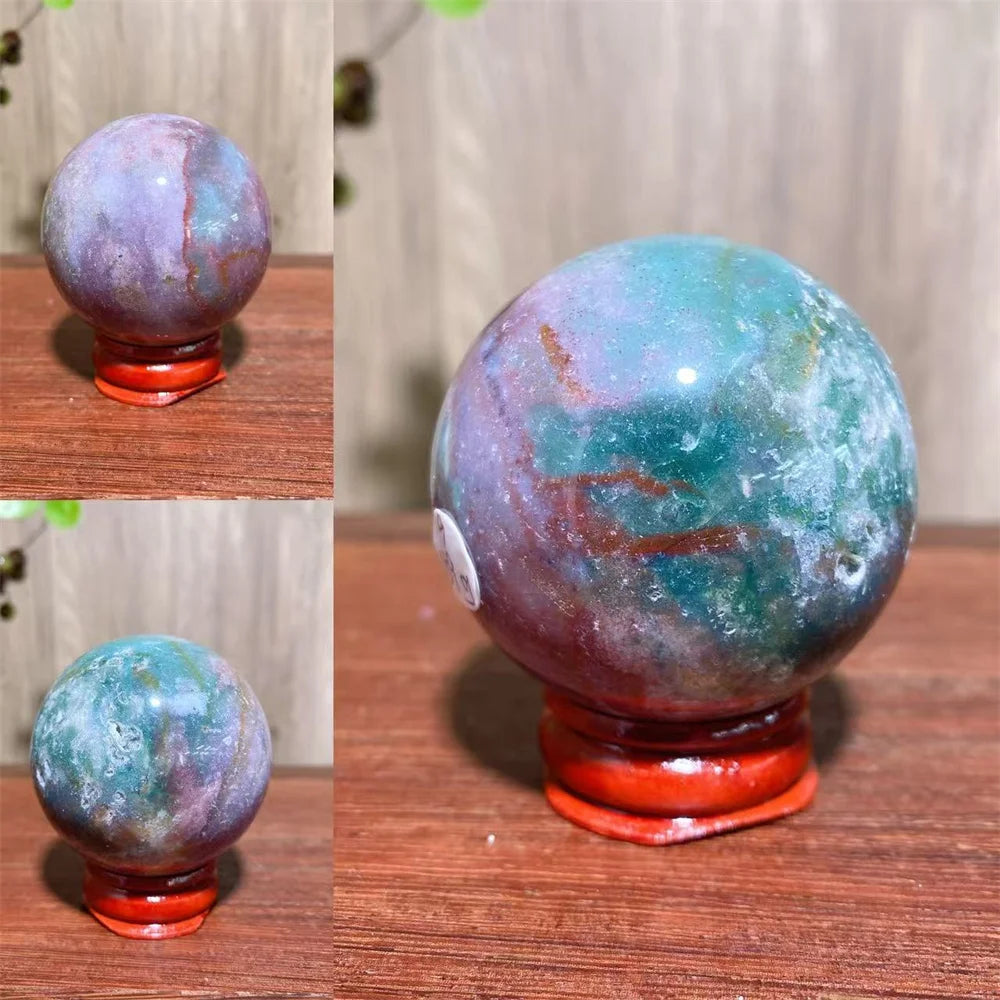 1PCS Natural Colourful Ocean Jasper Sphere WIth Druzy And Crack Raw Geode Healing Crystals Reiki Energy Home Decor +Stand