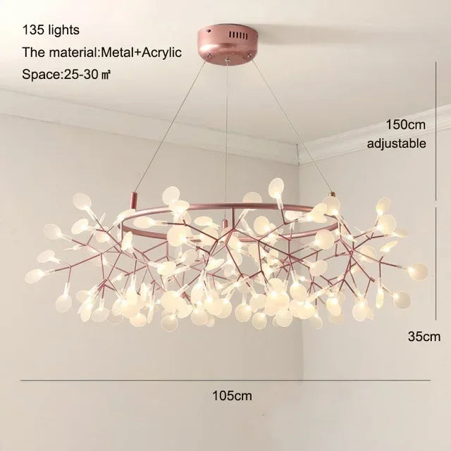 Nordic Rose Gold Black Branch Firefly Indoor Chandelier,Hanging Living Dining Room Restaurant Kitchen Pendant Lamp Home Decor