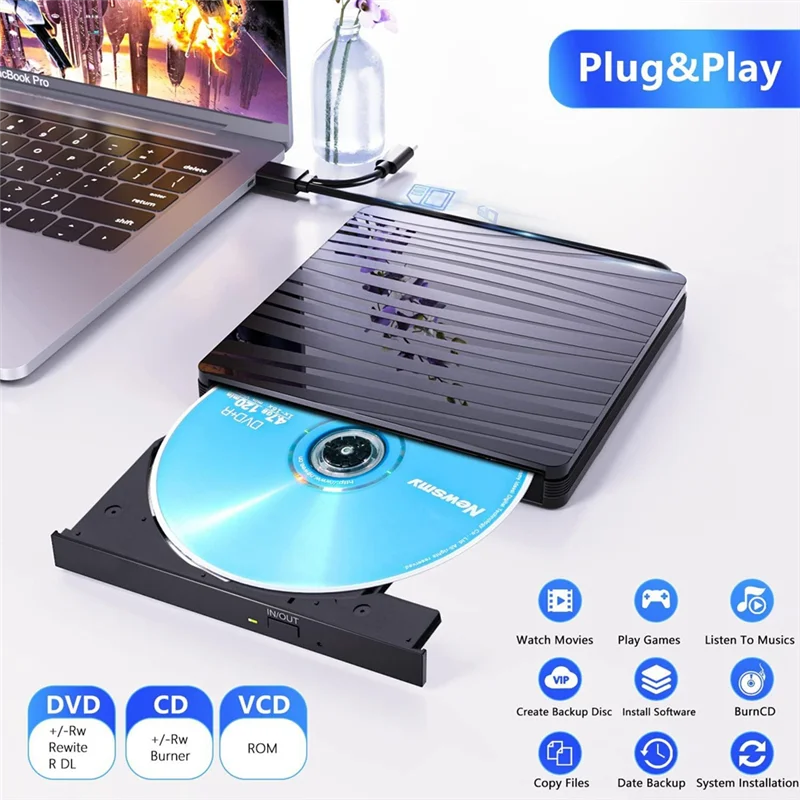 -A96Z External CD/DVD Drive For Laptop, USB 3.0 & Type-C Portable CD DVD +/-RW Burner Optical Drive Reader Writer DVD Player Dur
