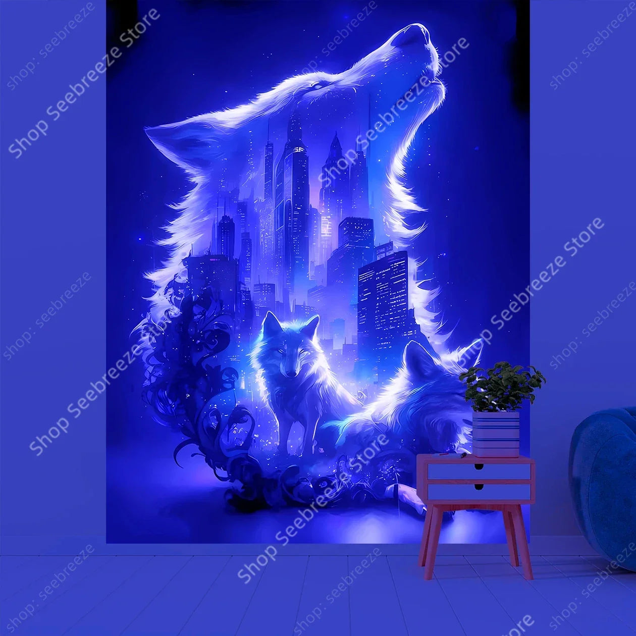 Wolf UV Reactive Tapestry Minimalist Abstract Art Hippie Tapitz Witchcraft Mysterious Tapestries Bedroom Living Room Home Decor