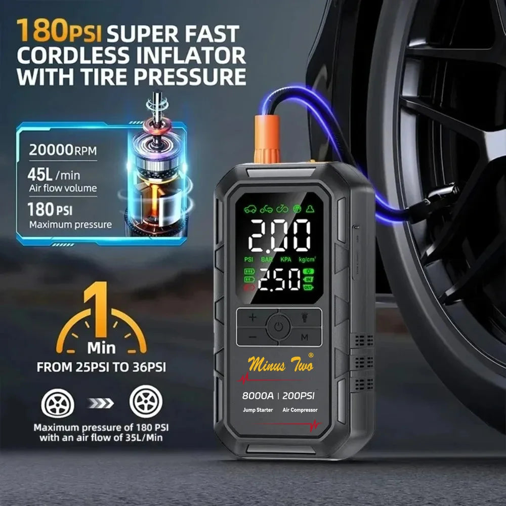 Minus Two Car Jump Starter Air Compressor with Power Bank Portable Electric Pump Battery Booster 12V Jump Box with Flashlight