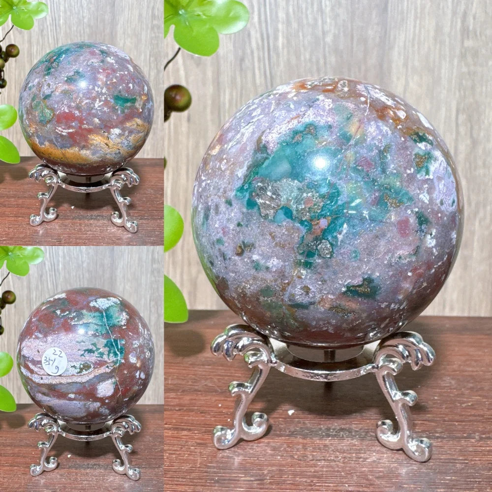 1PCS Natural Colourful Ocean Jasper Sphere WIth Druzy And Crack Raw Geode Healing Crystals Reiki Energy Home Decor +Stand
