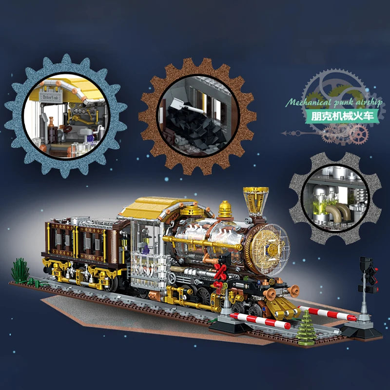 City Technical Punk Mechanical Steam Train Building Block,MOC Assembly Train Home Decor Bricks Toys,For Children Kids Boys Gifts