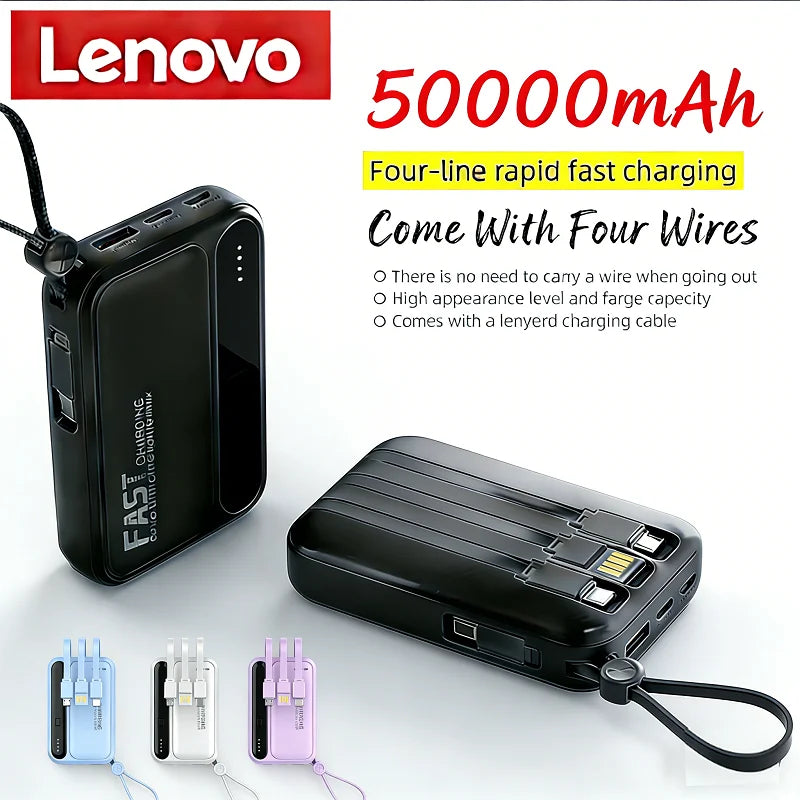Lenovo 50000mah Large Capacity Power Bank 4in1 Built In Cables Intelligent Digital Display Light Portable Battery For Iphone New