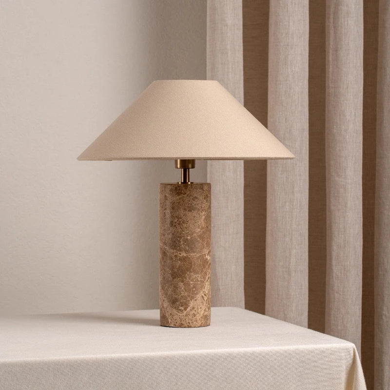 Nordic Cylindrical LED Table Lamp with Marble Base White Fabric Shade for Living Room Study Restaurant Bedroom Home Decor