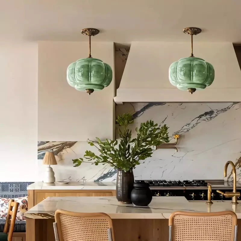 Retro Green Scallop Milk Glass Chandelier Nordic Pendant Lamp for Kitchen Island Hallway Corridor Home Decor Hanging Light E26