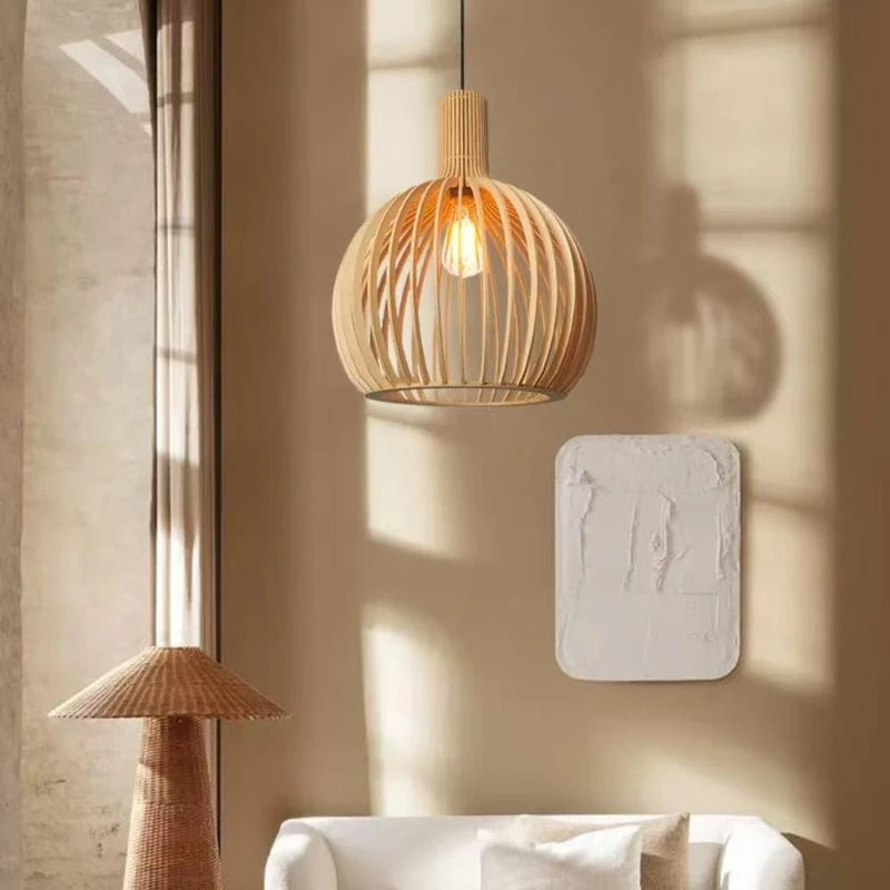 Restaurant Birdcage Handmade Wabi-sabi LED Pendant Light Black White Blue Walnut Color Chandelier Home Decor Lamps Hollow Design