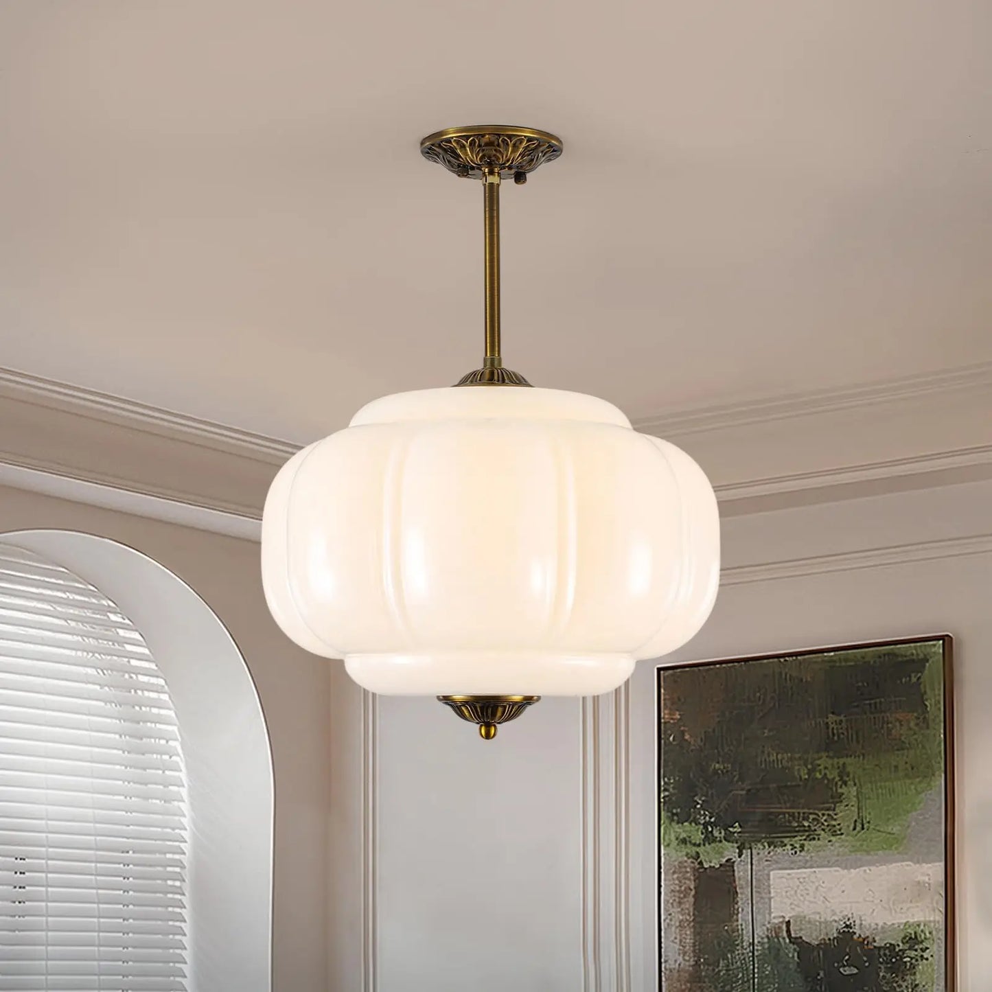 Retro Green Scallop Milk Glass Chandelier Nordic Pendant Lamp for Kitchen Island Hallway Corridor Home Decor Hanging Light E26